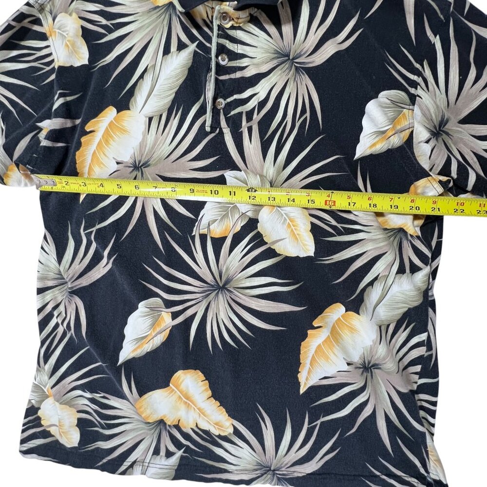 Bamboo Cay Mens Hawaiian Polo Shirt LG Black Tropical Floral Cotton Resortwear - Picture 7 of 10